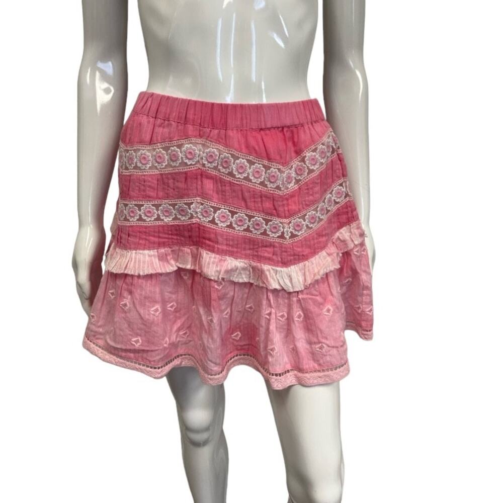 LOVESHACKFANCY Pink Felice Lace Ruffle Embroidered Layered Mini Skirt S